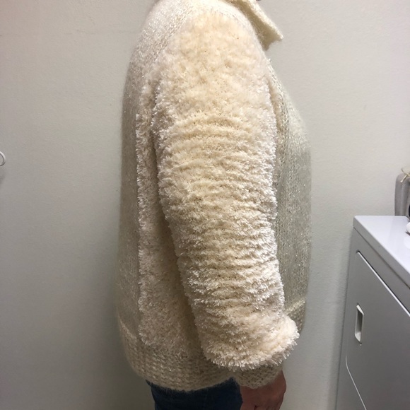 Hand Knit Cardigan Sweater Ivory & Silver Sz 1X - Picture 2 of 8
